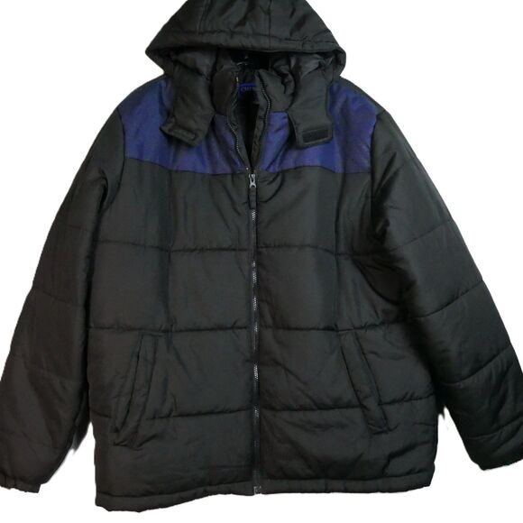 Cherokee Mens Size L  Black w Blue Hooded Puffer Jacket Full Zip - Picture 1 of 12